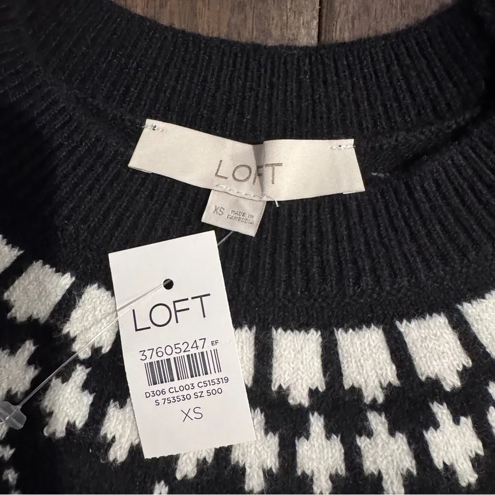 LOFT Black & White Fair Isle Crewneck Apres Ski Sweater XS NWT